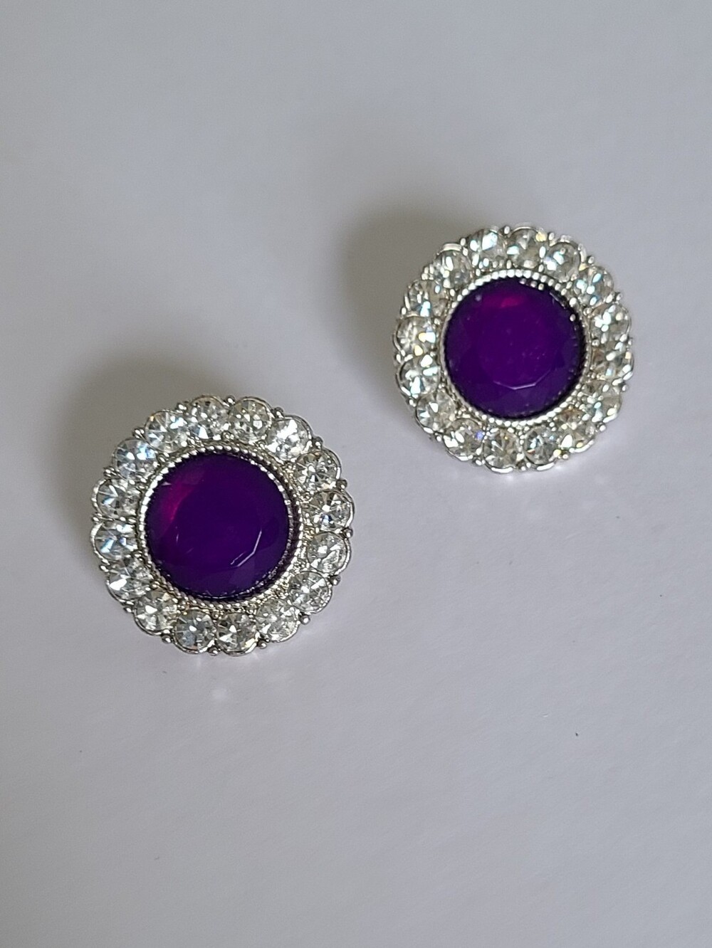 Vintage Mid Century Purple Clear Rhinestone Halo Round Stud Clip On Earrings